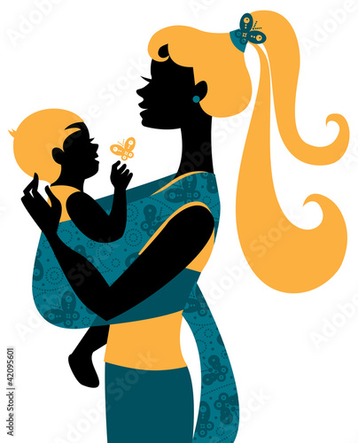 Beautiful mother silhouette with baby in a sling
