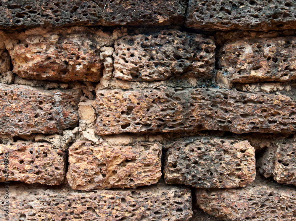 close-up of old brick in Sukhothai Historical Park, close-up of old brick in Sukhothai Historical Park,