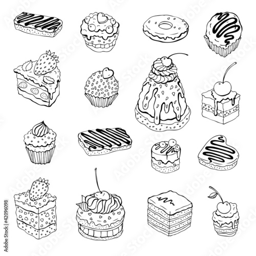 Set of cute cake. Contour illustration