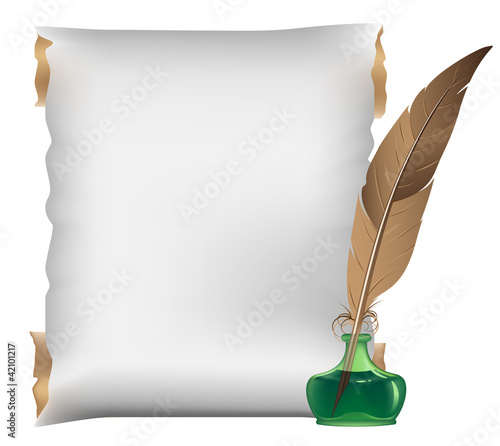 Scroll, feather and inkwell