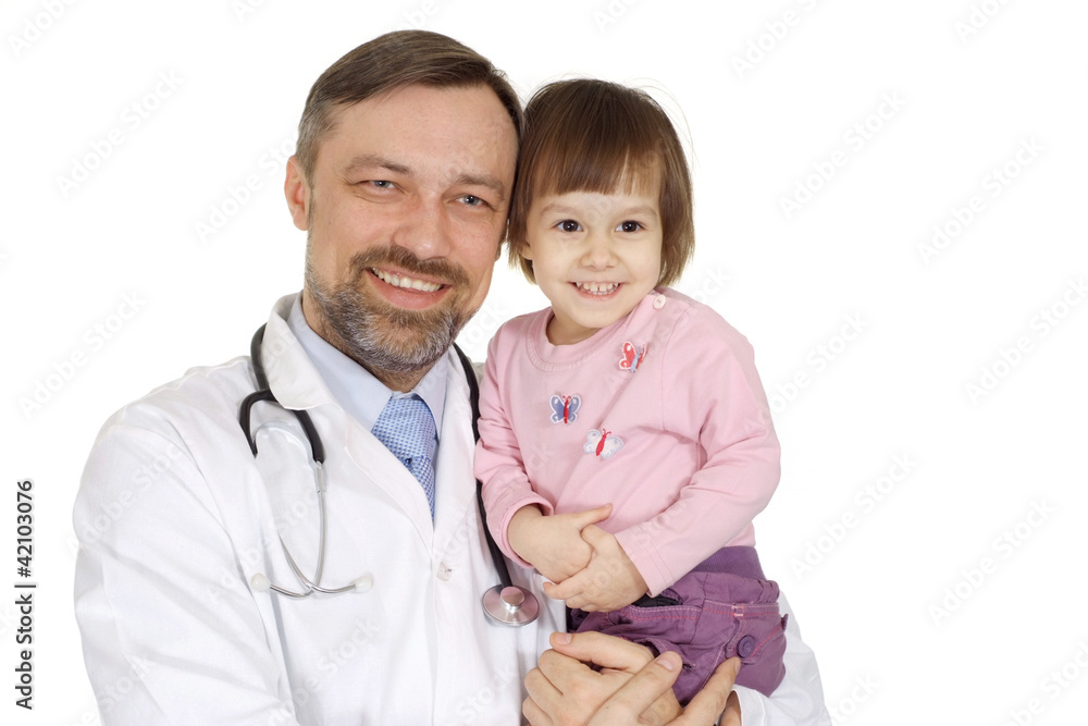 A beautiful adult Caucasian doctor with a girl standing A beautiful adult Caucasian doctor with a girl standing