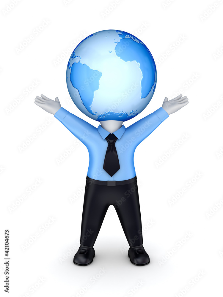 3d small person with a globe on a head. 3d small person with a globe on a head.