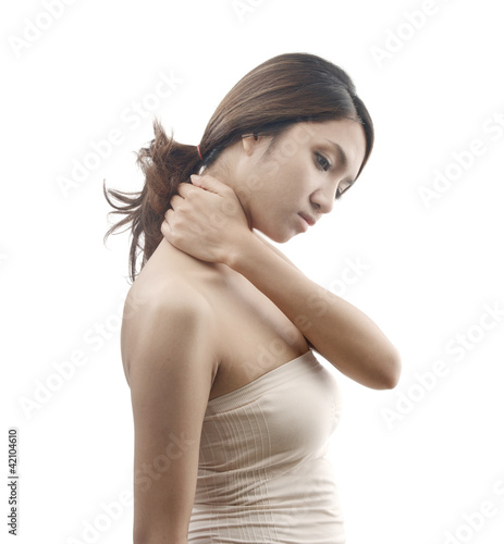 woman with neck pain  isolated on white