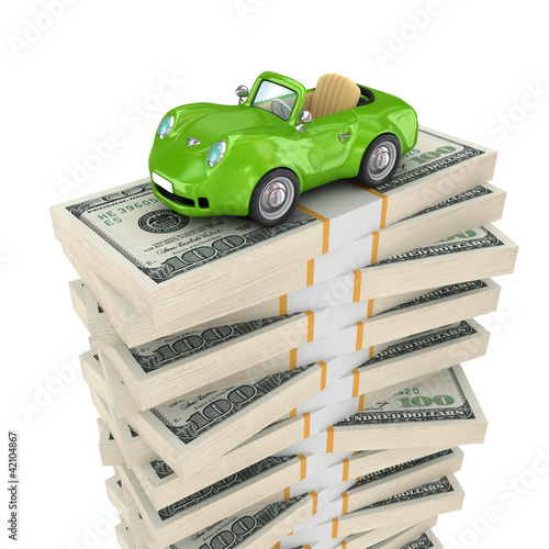 Small green car on a big pack of dollars.
