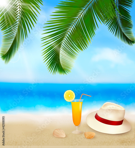 Seaside view with palm leaves, coctail and hat © ecco