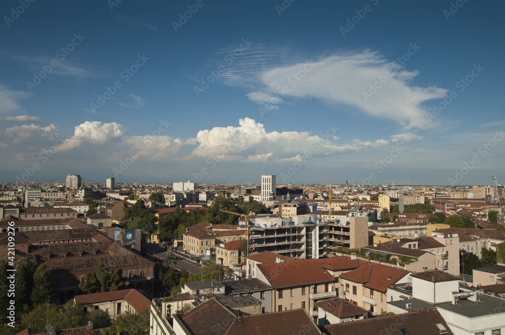 View of Milan Skyline from above with clouds