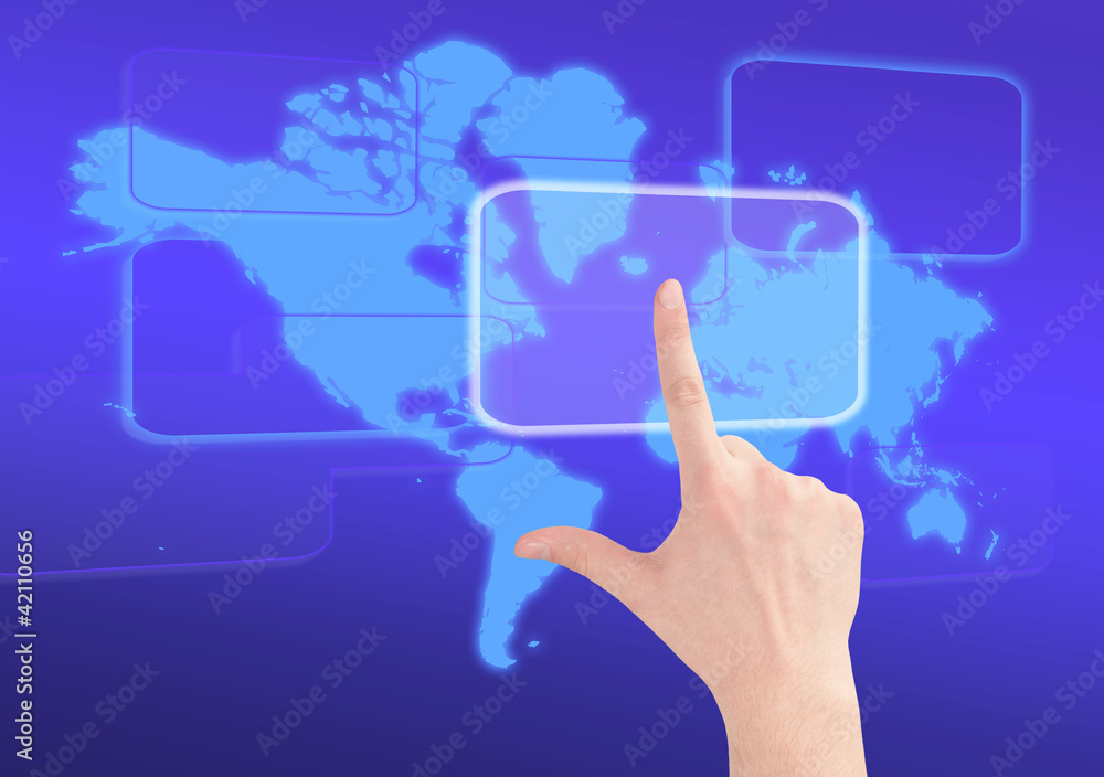 hand pressing a button on a touch screen interface hand pressing a button on a touch screen interface