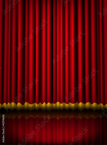 Red velvet theater stage curtain with golden border. Eps10
