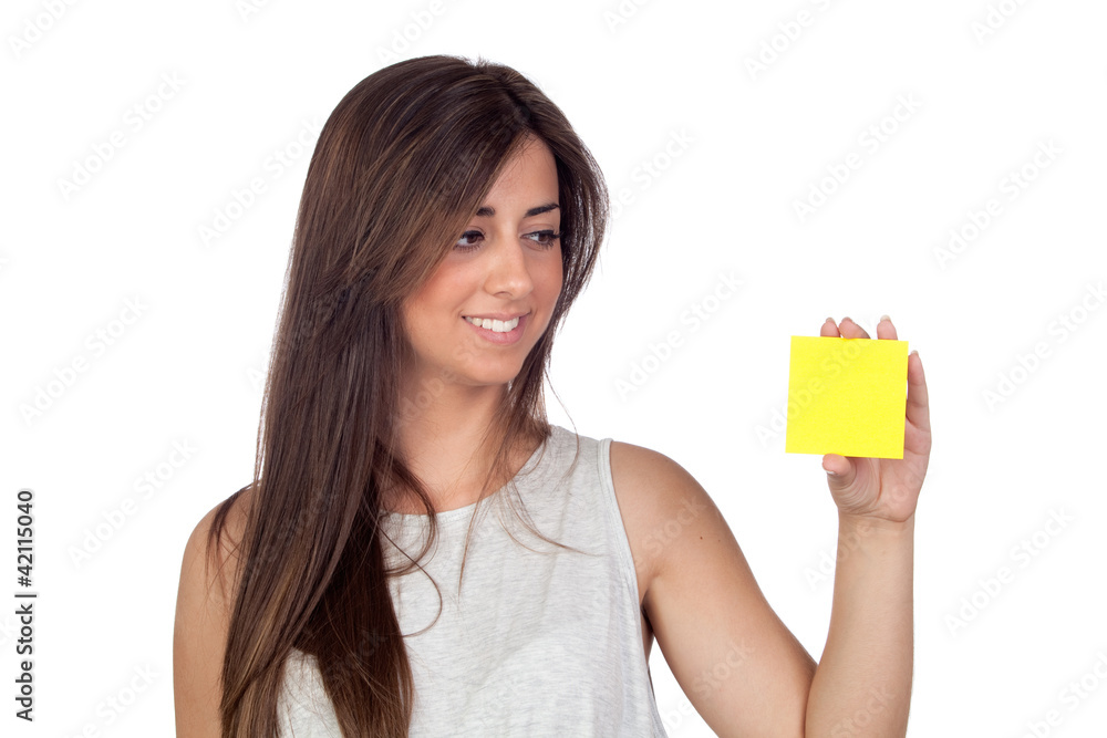 Atractive girl with a yellow post-it Atractive girl with a yellow post-it
