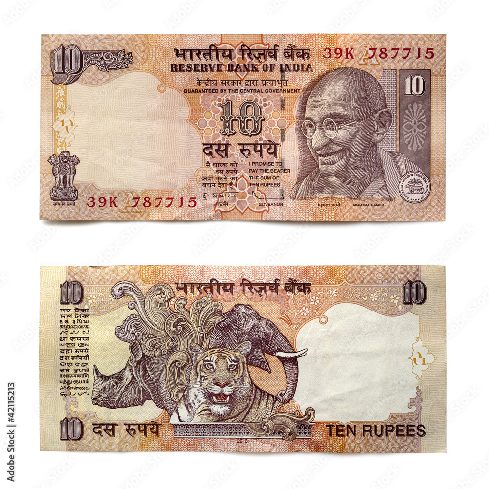 Indian Ten Rupee Note Front and Back over White Photos | Adobe Stock