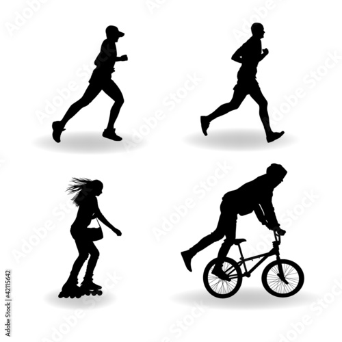 Silhouette of roller skating  runner  bicyclist