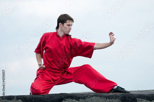 Wushoo man in red practice martial art photo