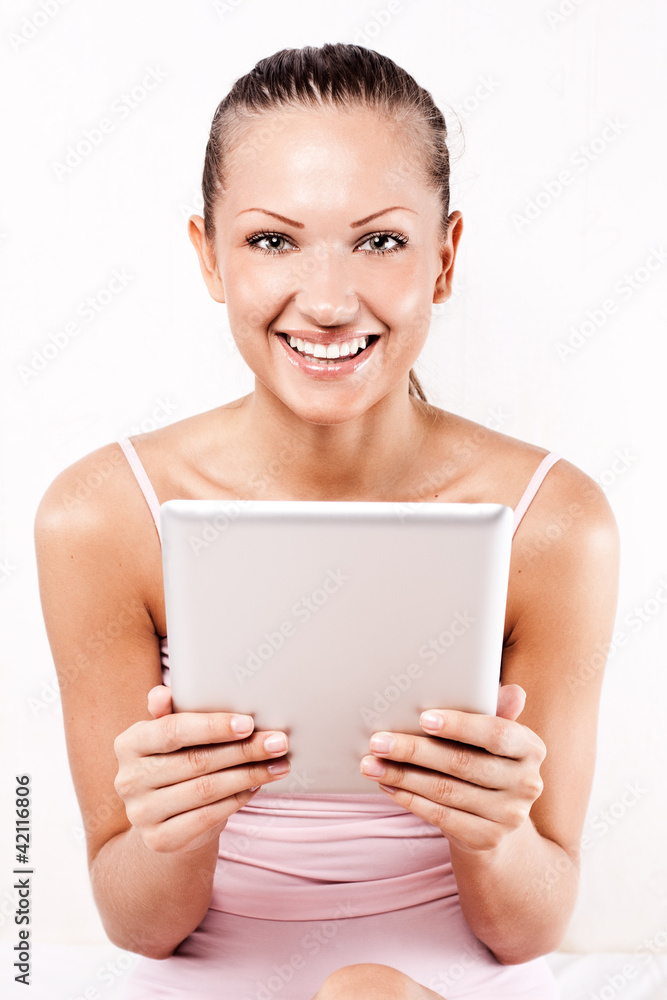 beautiful woman working on the tablet pc beautiful woman working on the tablet pc