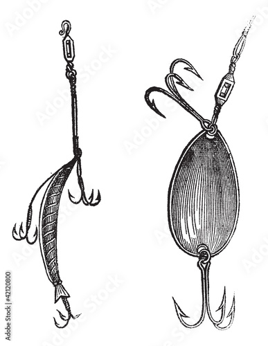 Fishing Lures, Fig. 86. Plug, Fig. 87. Spoon, vintage engraving.