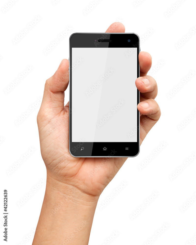 Hand holding smart phone with blank screen on white background Hand holding smart phone with blank screen on white background