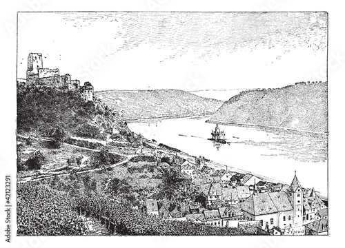 Tableau sur toile Burg Gutenfels, Rhin river, Germany, vintage engraving.