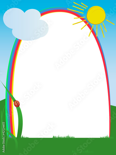 Rainbow frame decorated with doodle sun  ladybug grass and cloud