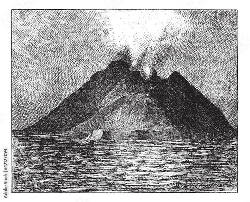 Erupting volcano, Stromboli, Italy, vintage engraving.