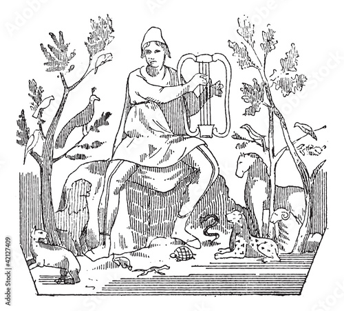 Orpheus attracting wild animals to the sound of his lyre, vintag