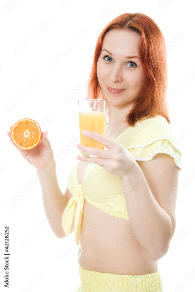 Young woman with oranges and juice Young woman with oranges and juice