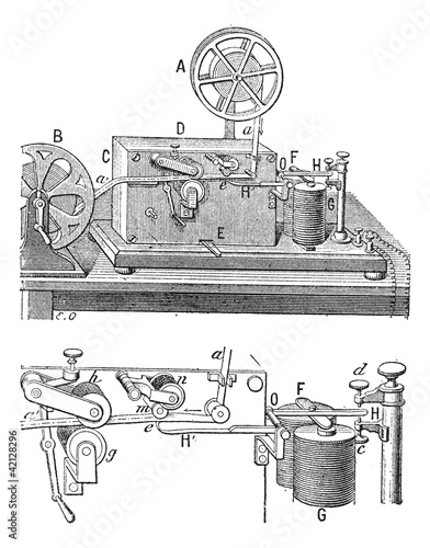Telegraph, Morse apparatus, vintage engraving.