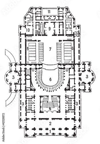 Plan of theater of opera, Paris, vintage engraving.