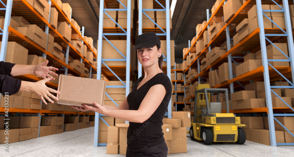 Female courier at warehouse b Female courier at warehouse b