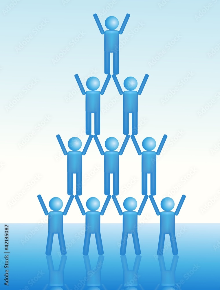 A group of people team up in a pyramid A group of people team up in a pyramid