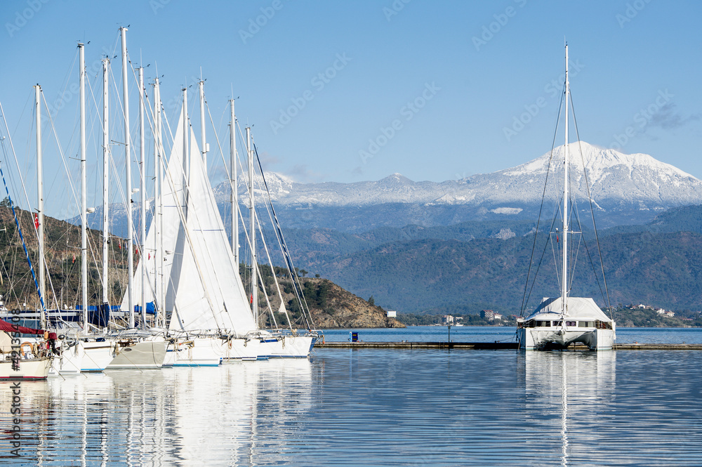 Fototapeta premium Sailing yachts and catamaran in the marina.