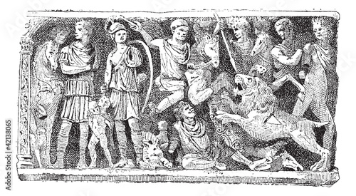 Bas-relief of a sarcophagus Jovin reims, vintage engraving.