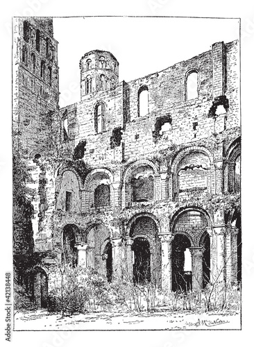 Ruins of the Abbey of Jumieges, vintage engraving.