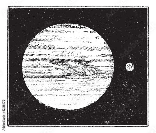 Jupiter and Earth, dimensions compared, vintage engraving.