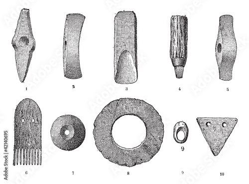 Age lake, various objects from lake stations, vintage engraving.