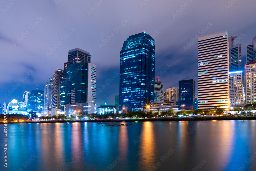 Bangkok city downtown at night with reflection of skyline, Bangk
