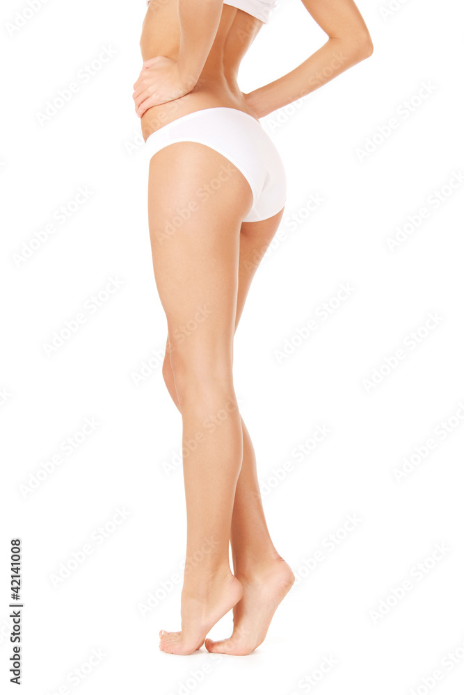 female legs in white bikini panties