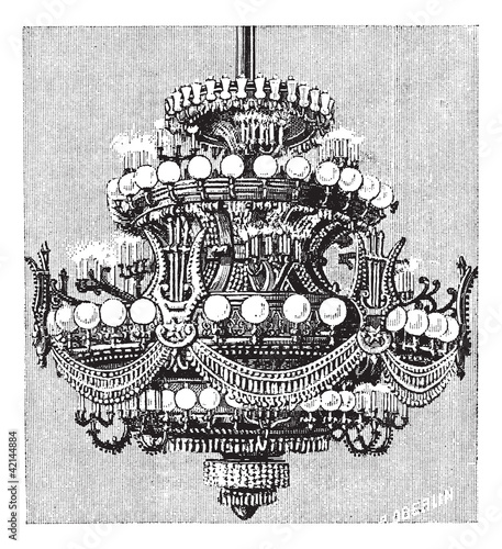 Chandelier of the  Opera of Paris, vintage engraving.