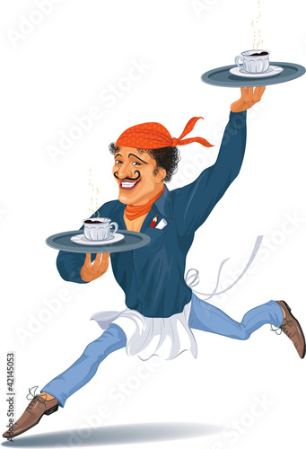 Waiter holding a trays with coffee hurrying to fulfill an order