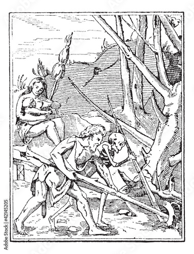 Artwork of Adam and Death Working the Land, vintage engraving