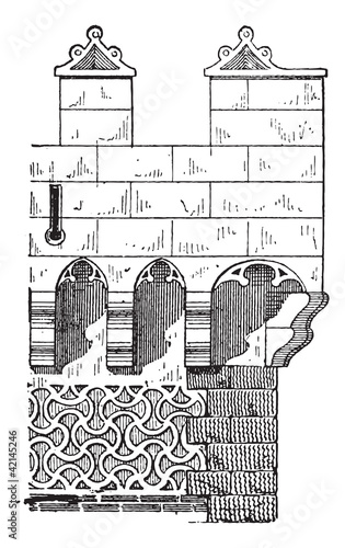 Machicolation on a Spanish Tower in Segovia, Spain, vintage engr