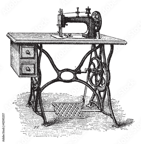 Foot-powered Sewing Machine, vintage engraving
