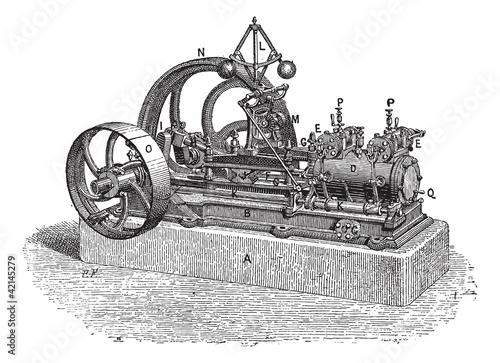 Horizontal Steam Engine, vintage engraving