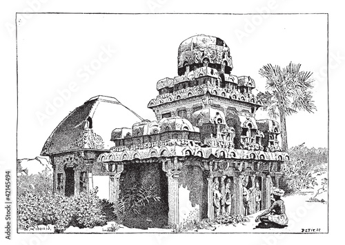 Tablou pe pânză Mahabalipuram in Tamil Nadu, India, vintage engraving