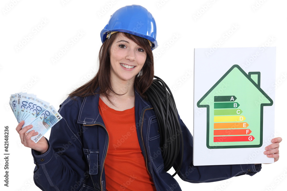 Electrician holding cash and an energy rating sign Electrician holding cash and an energy rating sign
