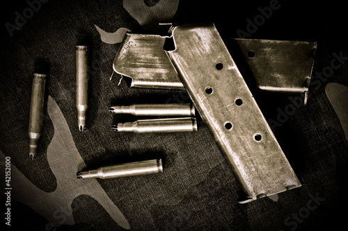 bullets and magazine on texture of soldier cloth background photo