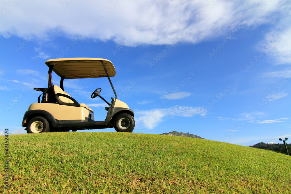 Golf cart on path, pretty green grass and blue sky background