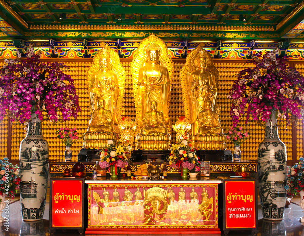 The three Buddhas in the Chinese temple of Thailand