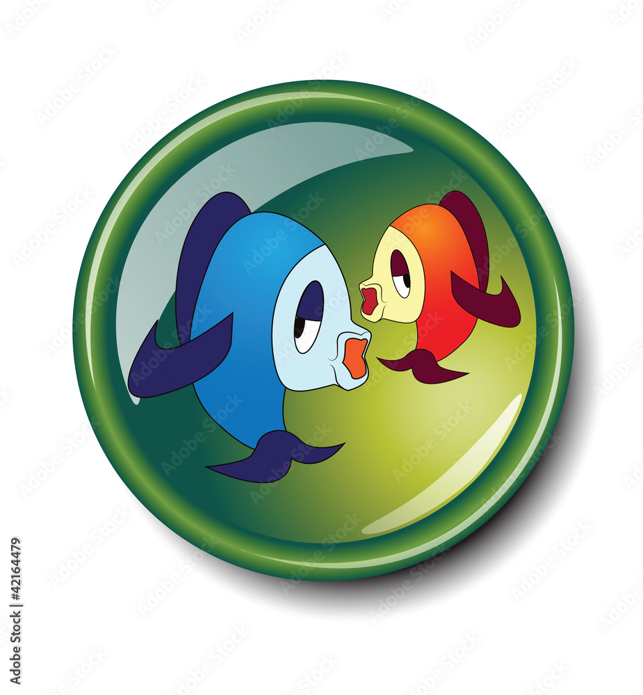 Cartoon symbol of fish on green glass button isolated on white Cartoon symbol of fish on green glass button isolated on white
