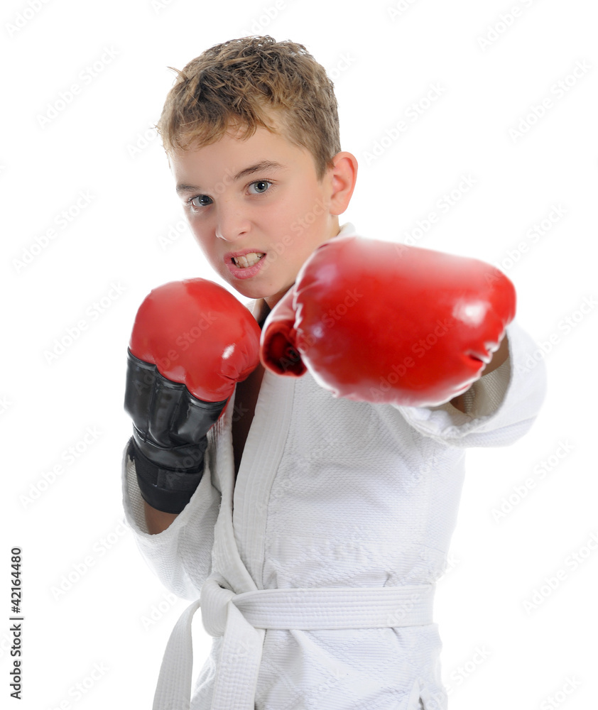 Young boy training karate.