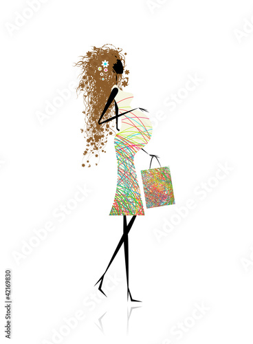 Pregnant woman with shopping bag for your design