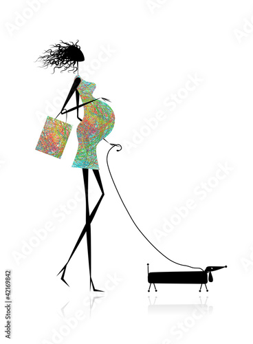 Pregnant woman walking with dog for your design
